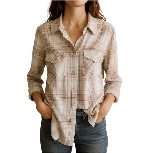 Addition Elle Plaid Button Up Shirt Size X Gray Peach and Orange Red - Picture 1 of 11